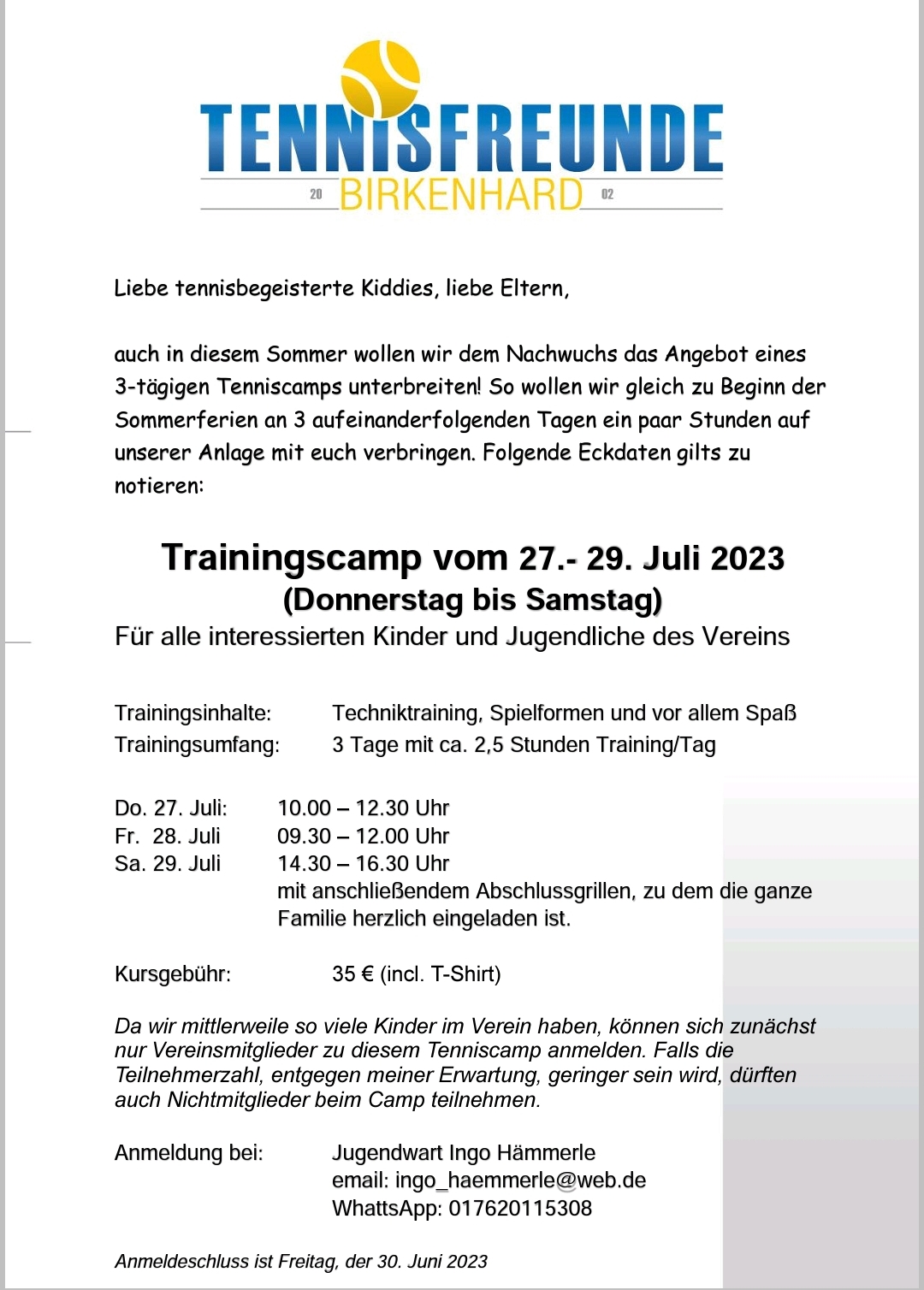 Jugend Trainingscamp Sommer 2023